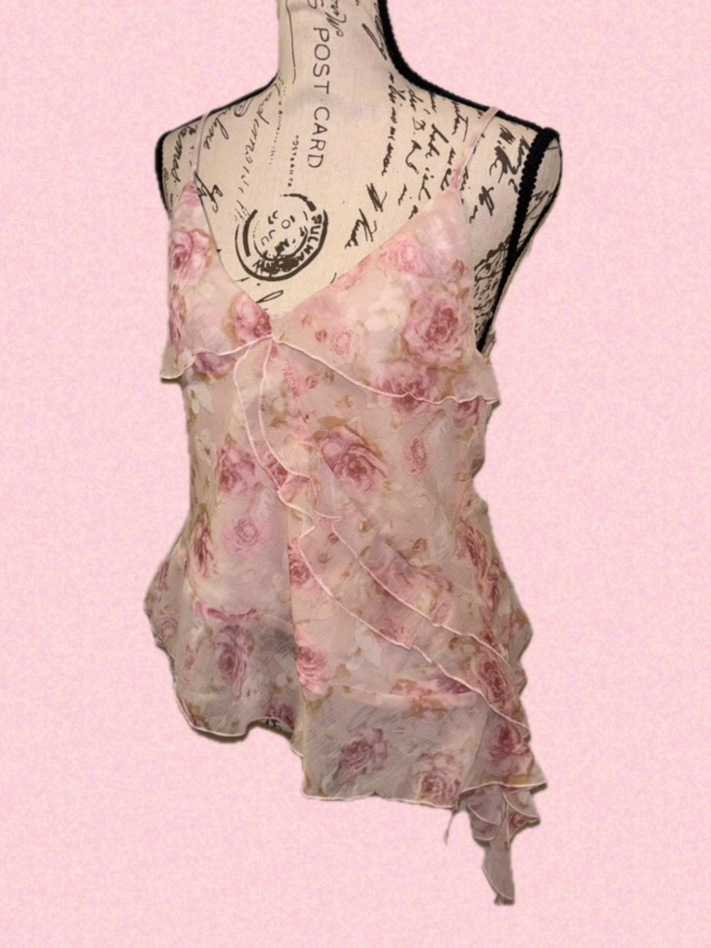 Y2K Style Floral Ruffle Chiffon Cami Tank Top - Pink